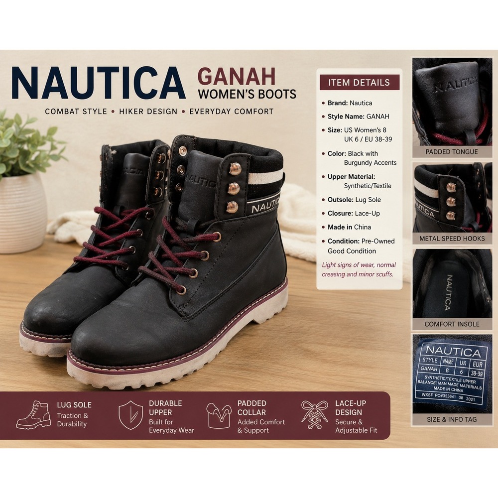 Nautica Galiah Womens Black Ankle Combat Boots Burgundy Laces Size 8